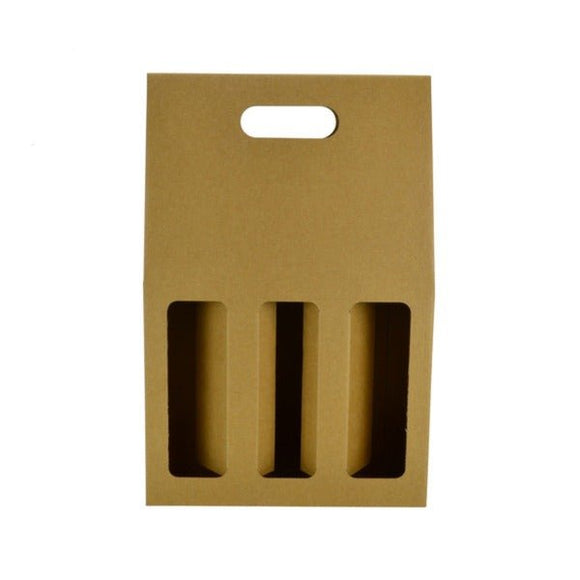 SAMPLE - E Flute - One Piece 3 Bottle Gable Top Wine Box with Window 19273 - Kraft Brown - ACP